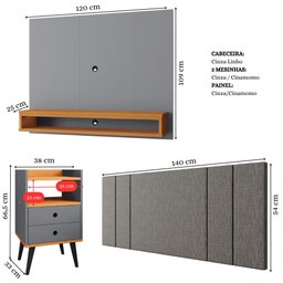 Painel Tv 50 Polegadas Cabeceira 1,40 Linho Cama Casal 2 Mesinhas Canto Quarto Gaveta Cinza/cinamomo - 4