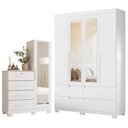 Ver imagem 1 de Guarda Roupa Solteiro Doble 4 Portas de Bater com Espelho e Cômoda MDP Fosco Branco Albatroz Mó
