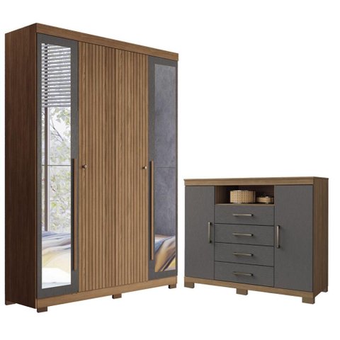 Guarda Roupa Casal Ripado 4 Portas Buriti com Espelho e Pés e Cômoda Havana Master com Pés Jatobá Gr