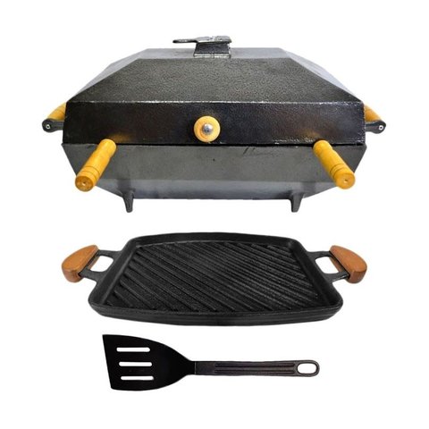 Kit Churrasqueira Bafo Alumínio Fundido 40x25cm Chapa Grill