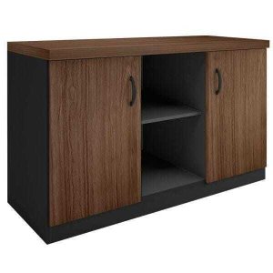 Armário Baixo 2 Portas e Nicho para Escritório - Linha Essencial - Madeirado/Preto - Stock Móveis