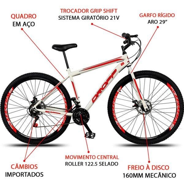 Bicicleta Aro 29 Dropp Sport Aço 21 Marchas Freio a Disco - Branco+Vermelho - 17 - 3