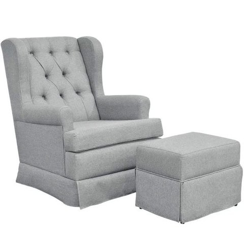 Poltrona de Amamentação com Balanço e Puff P02 Capitonê Linho Cinza Escuro - Lyam Decor