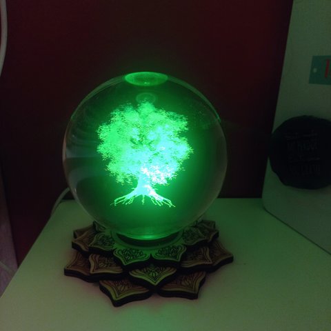 Luminária Bola de Cristal Árvore da Vida - Base Led Colorido Flor de Lótus