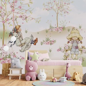 Papel de parede infantil menina no balanço para quarto de bebê 1M² PP11