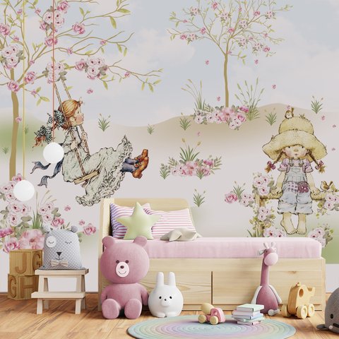 Papel de parede infantil menina no balanço para quarto de bebê 1M² PP11