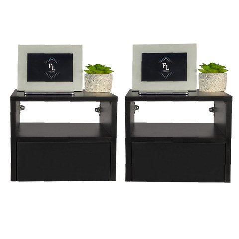 Kit 2 Mesas de Cabeceira Criado Preto 30cm Estilo Suspensa com Gaveta Inferior e Nicho para Quarto
