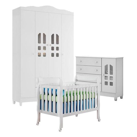 Quarto de Bebê New Selena 4 Portas com Berço Lila e Cômoda Selena Branco Brilho – Carolina Móveis