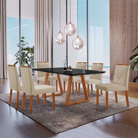 Conjunto Sala de Jantar Mesa Viena Madeira Maciça 160x90cm Tampo Retângular Vidro Preto 6 Cadeiras