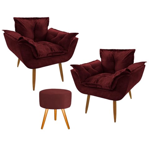 Conjunto 2 Poltronas Decorativas Opala e 1 Puff Redondo Pés Palito Suede Ulisses Decor:Marsala