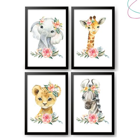 Quadro Decoração Quarto Menina Animais Aquarela Lacinho:preta