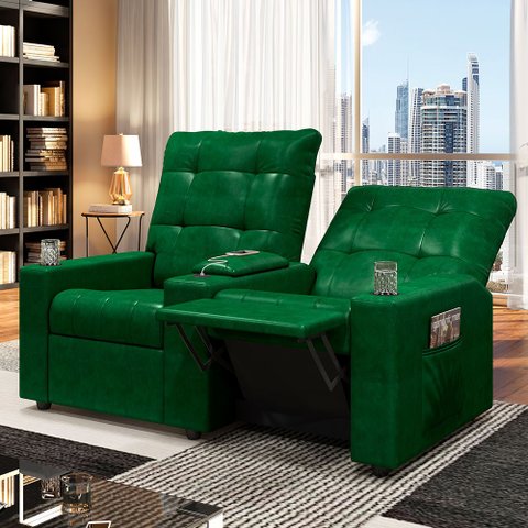 Poltrona do Papai Reclinável Sala de Cinema Movie 2 Lugares Manual Baú USB PU Verde Musgo G23 Gran B