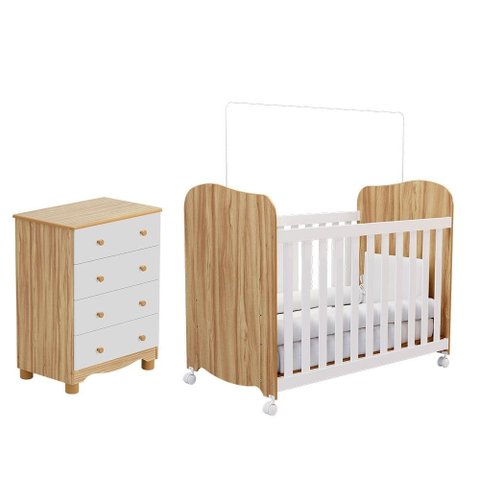 Quarto de Bebê com Cômoda 4 Gavetas Berço Junior Uli Móveis Peroba Branco/amendoa