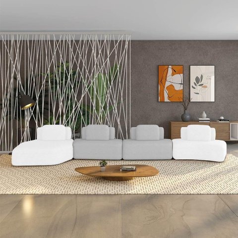 Sofá 4 Lugares Orgânico com Chaise e 3 Módulos Berlim bouclê Off K01 - D'Rossi Off White-cinza