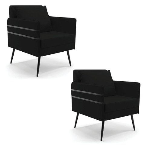 Kit 02 Poltronas Linho Preto A79 Pés Palito De Ferro Preto