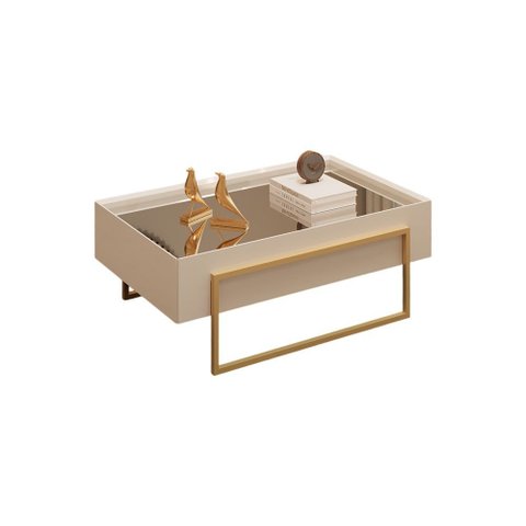 Mesa de Centro Kika com Tampo Espelhado e Pés Metálicos Dourados Moderno Off White DJ Móveis