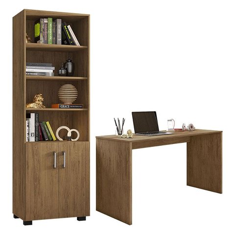 Mesa para Computador Gávea e Livreiro Office com Portas Pequenas Freijó - Móveis Leão