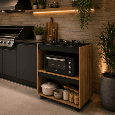 Balcão para Cooktop 4 Bocas com Nicho para Forno em MDP para Cozinha - Preto