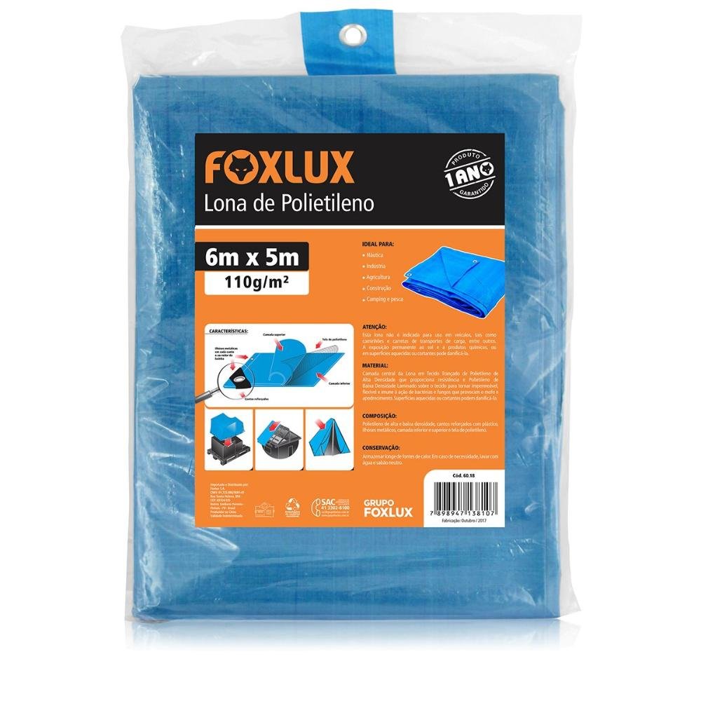 Lona Carreteiro Azul 6x5m 150 micras 110g/m2 com Ilhoses Metálicos - Foxlux, Tamanho: 6x5 - 1