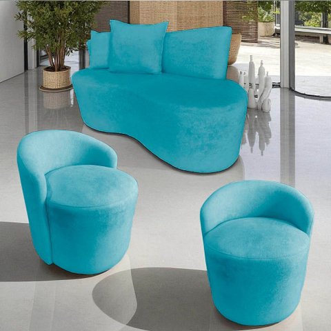 Kit Namoradeira + 2 Poltronas Yara Orgânica Suede Azul Turquesa