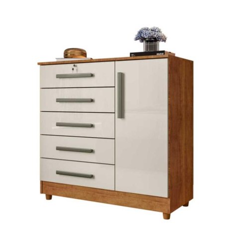 Cômoda Quarto 5 Gavetas 1 Porta com Chave 2 Divisórias - Cedro Areia