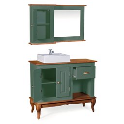 Gabinete para Banheiro 2 Portas com Cuba e Espelheira Dália 3058 - Verde Musgo/imbuia Glazer - 2