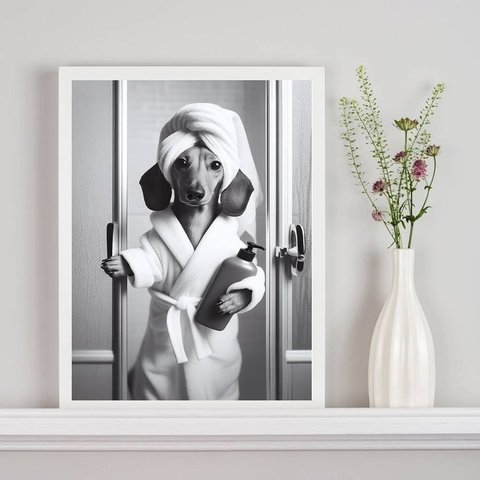 Quadro Decorativo de Banheiro - Cachorrinha Dachshund 24x18cm - com Vidro:moldura Preta