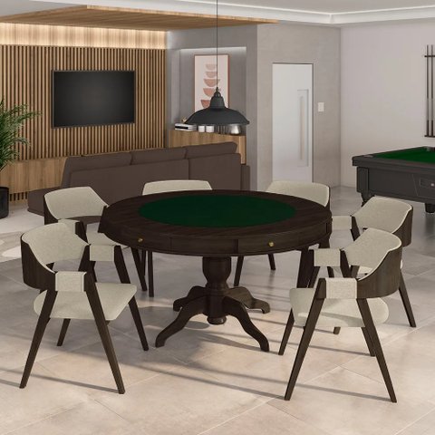 Conjunto Mesa de Jogos Bellagio e 6 Cadeiras Madeira Poker Base Estrela Linho Offwhite/capuccino