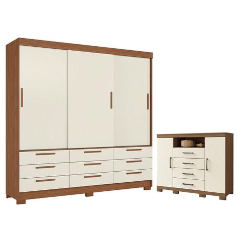Guarda Roupa Casal 3 Portas 9 Gavetas Morretes e Cômoda Havana Master com Pés Jatobá Areia -
