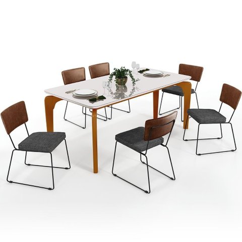Mesa Capri 160cm Off White e 6 Cadeiras Marrom Cinza Escuro