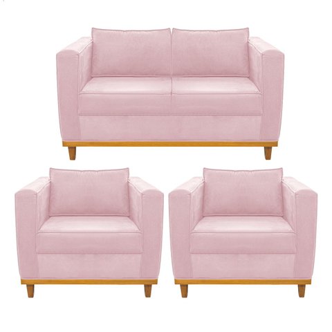 Kit Sofá 2 Lugares e 2 Poltronas Europa Suede Doce Sonho Móveis - Rosa Bebê