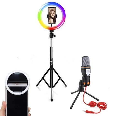 Kit Studio Pro - Ring Light RGB + Tripé 1,5m + Microfone Podcaster SF-666 + Mini Ring Light Celular 