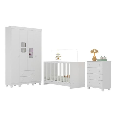 Quarto de Bebê Completo com Berço 3 em 1 para Colchão 130x60cm Luna Multimóveis Mp4524 Branco