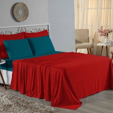 Jogo Cama King Nobre 4 Peças Lençol Elástico 30cm Altura 100% Algodão Vermelho Petróleo