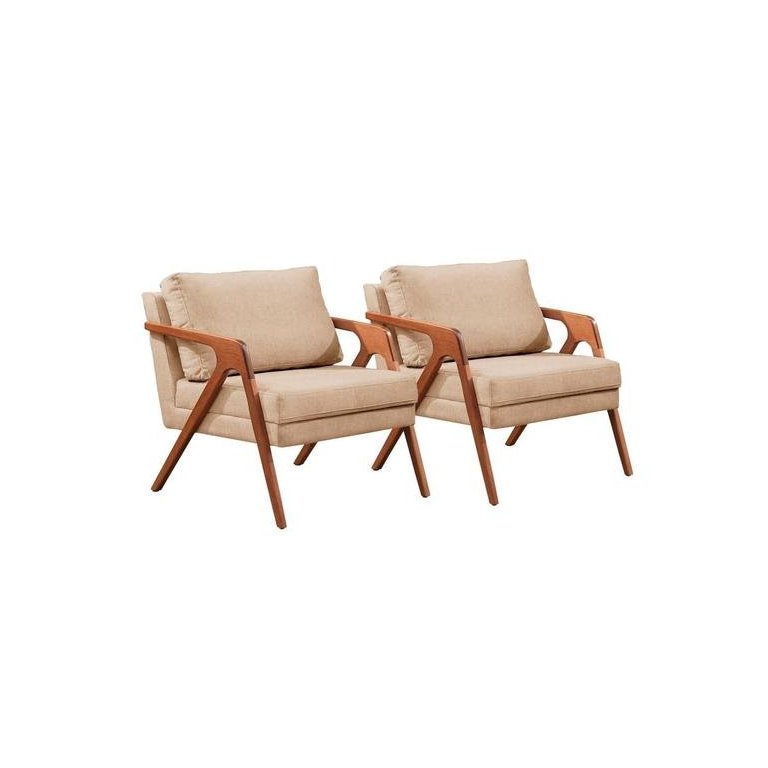 Conjunto 2 Poltronas Mona Luxo Madeira Maciça Tecido Linho:linho Bege