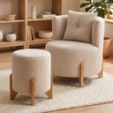 Ver imagem 1 de Kit Poltrona e Puff Luna Decorativa Curvo Orgânico Boucle Bege Montanaris Decor