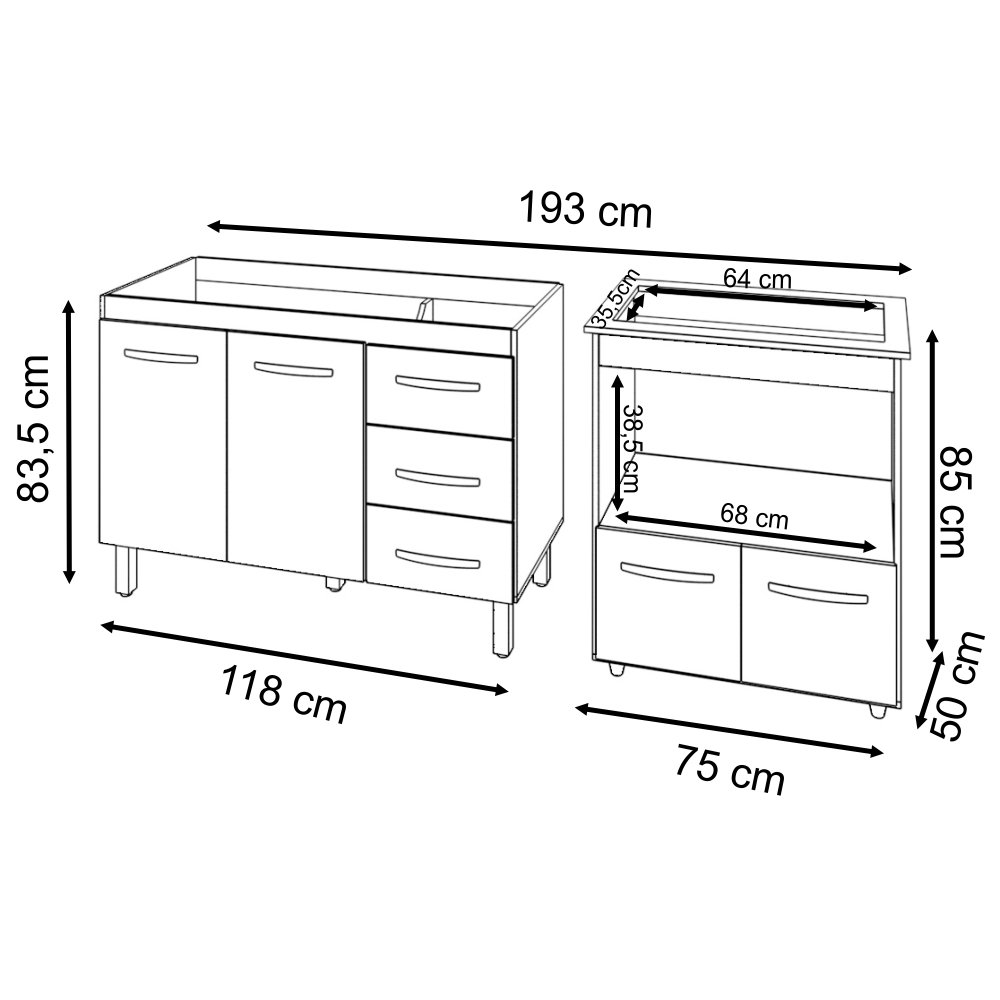 Balcão Armário Cozinha Gabinete de Pia 120 Cm Bruna e Balcão para Fogão Cooktop 5 e Forno Bocas Evel - 6