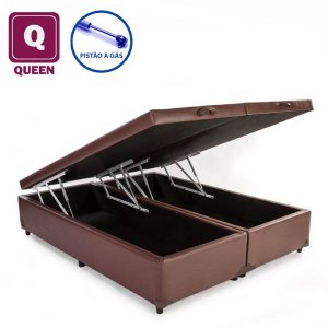 Base Box Baú Queen size Bi partida em Sintético marrom com Pistão a gás - 158x198x27