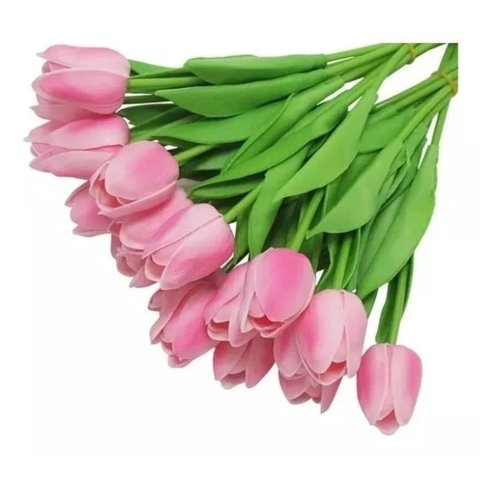 Kit com 9 Tulipas Rosa Flores Delicadas Buque Folhagem Luxo