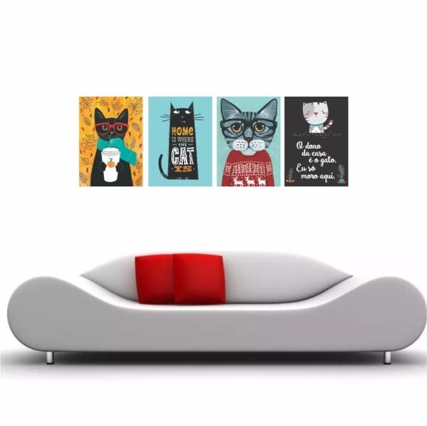 Kit 4 Quadros Decorativo Gatos Colorido 50x40cm - 4