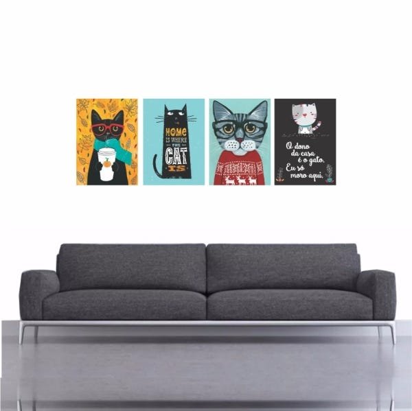 Kit 4 Quadros Decorativo Gatos Colorido 50x40cm - 2
