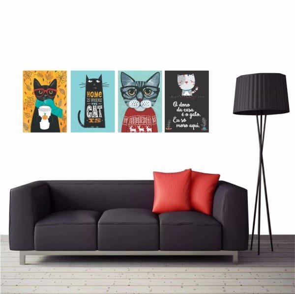 Kit 4 Quadros Decorativo Gatos Colorido 50x40cm - 3