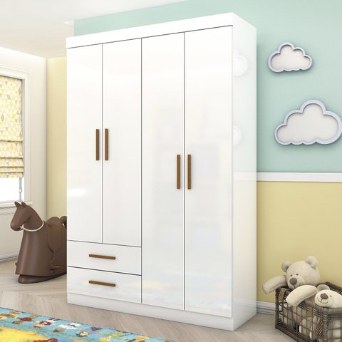 Guarda-Roupa Infantil Perola 4 Portas 2 Gavetas Branco/Branco-Branco