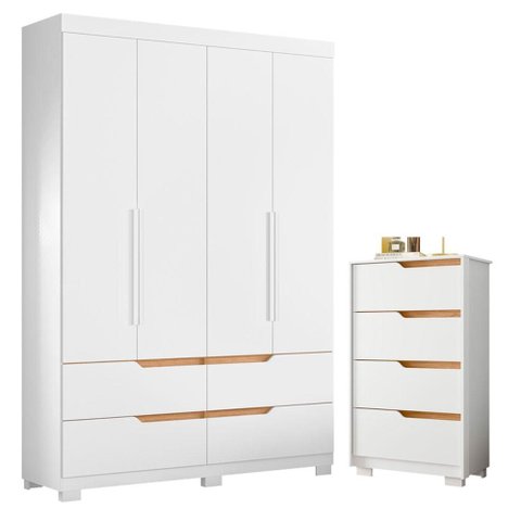 Guarda Roupa Solteiro Doble 04 Portas e Cômoda Sole Flex Branco Freijo - Móveis Albatroz