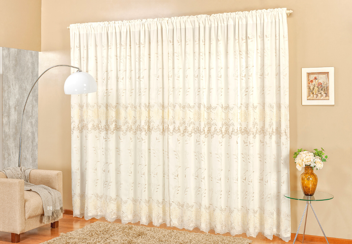 cortina sala luxo com voil bordada cor palha perciana luxuosa voal c/ bordado 3m - 1