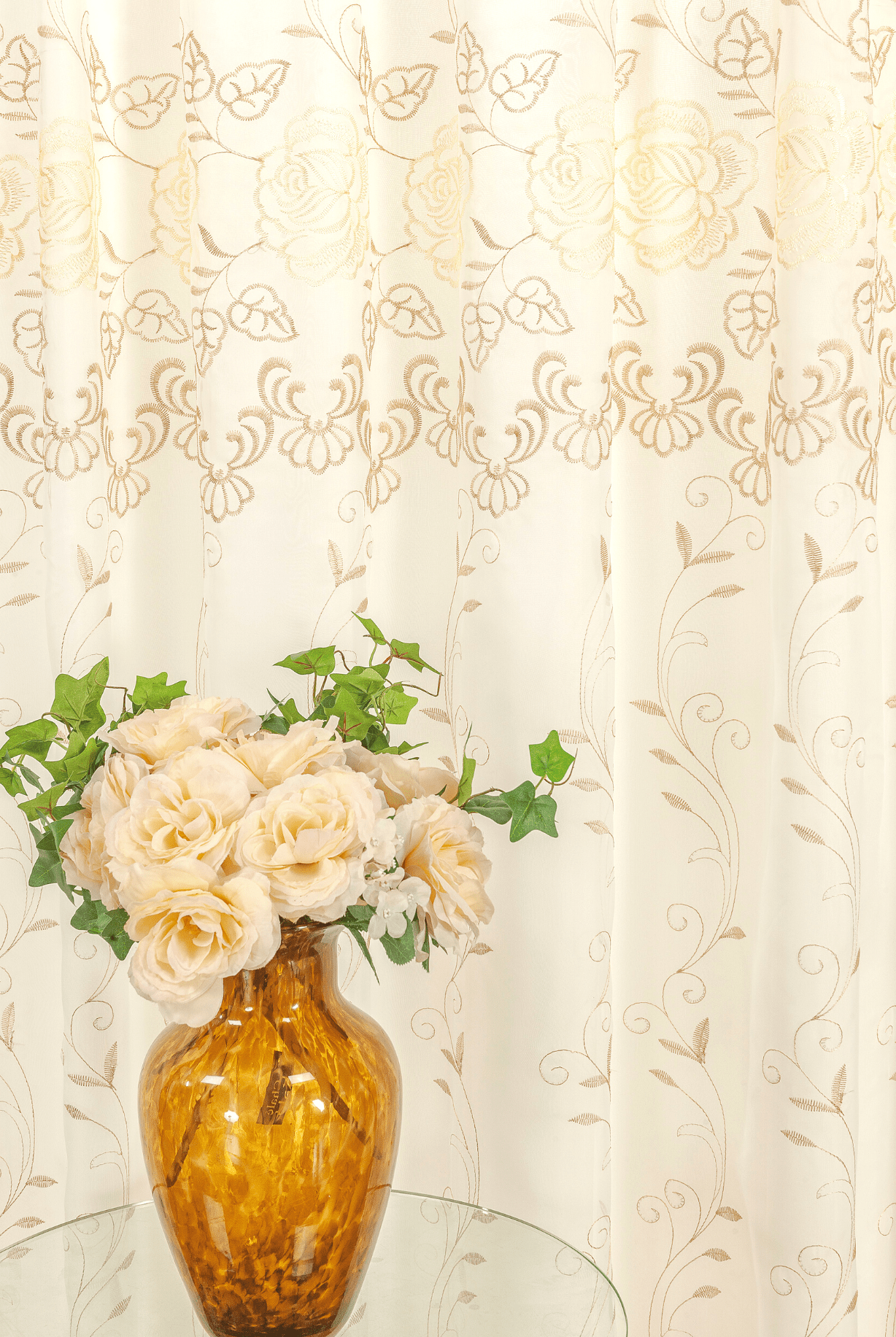 cortina sala luxo com voil bordada cor palha perciana luxuosa voal c/ bordado 3m - 2