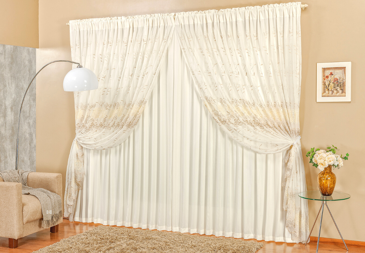 cortina sala luxo com voil bordada cor palha perciana luxuosa voal c/ bordado 3m - 3