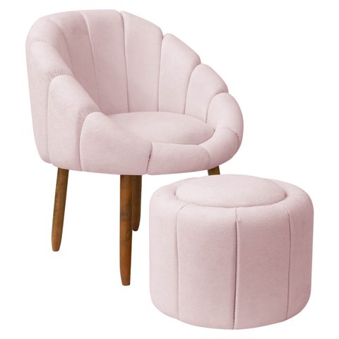 Kit Poltrona Decorativa Orgânica com Puff Flora Fixa Bouclê - Sofa Store:bouclê Rosa Bebê