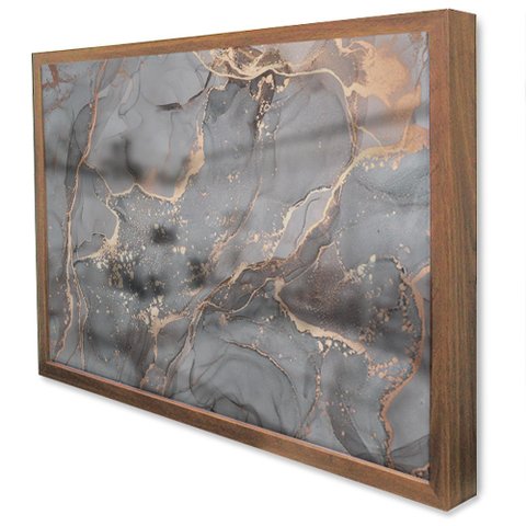 Quadro Decorativo Caixa Alta com Vidro Abstrato Mármore Cinza Perolado TaColado Moldura Madeira 40x6