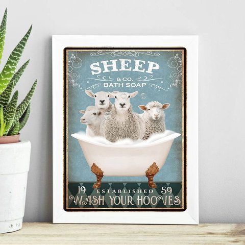 Quadro Decorativo Banheiro Ovelhas 45x34cm - com Vidro:madeira Preta